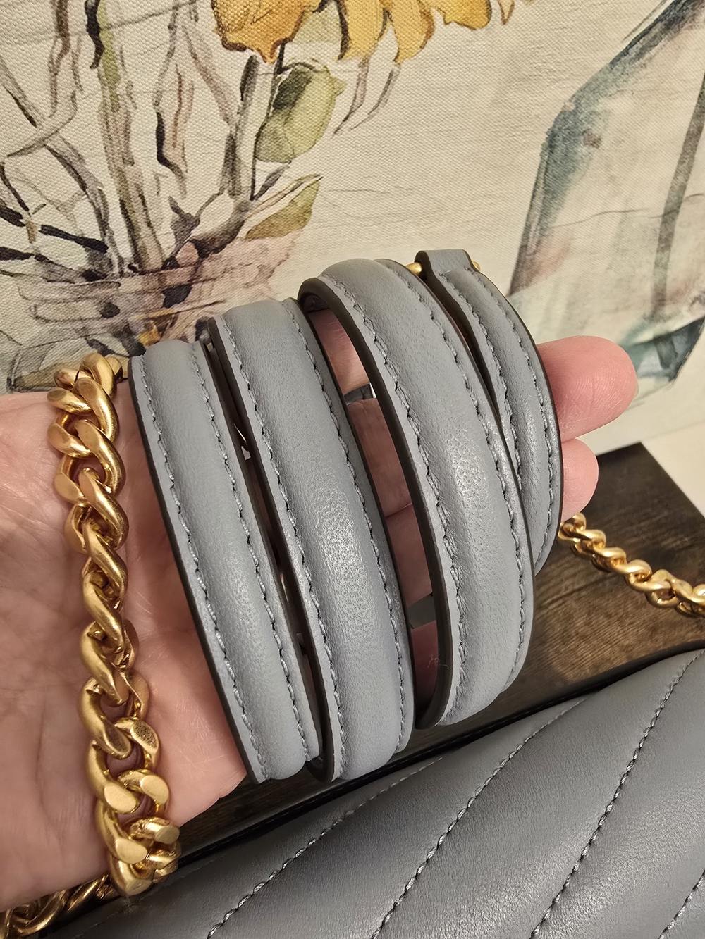 Tory Burch Quilted Chevron Leather Shoulder Bag - Light Gray Blue - Picture 13 of 13